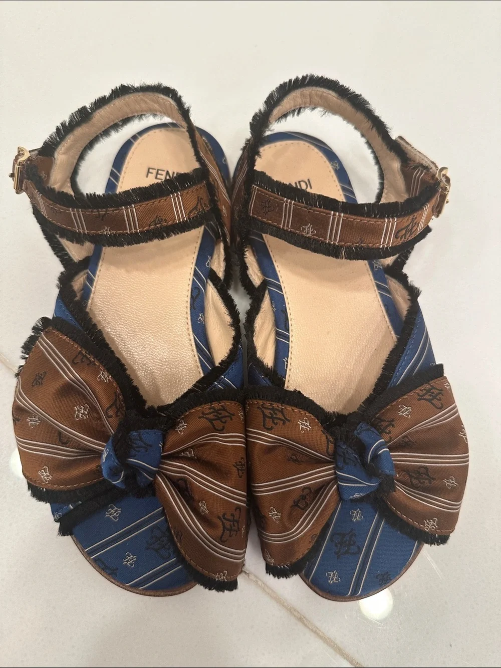 Fendi Blue and Brown Bow Strap Sandals for kids